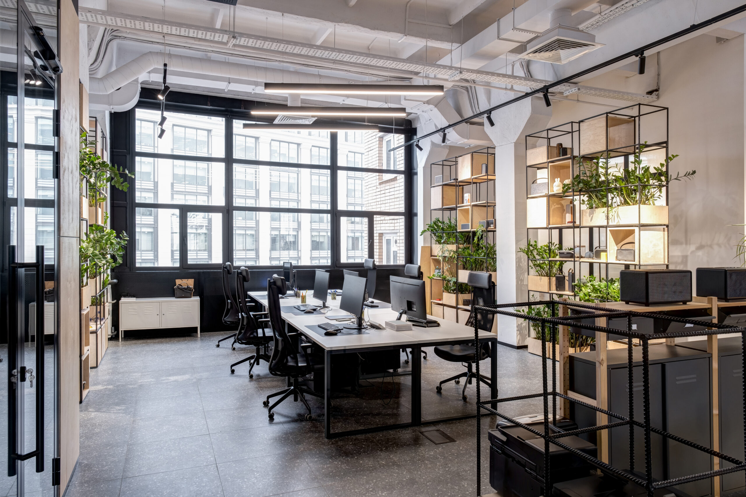 modern loft office interior with furniture