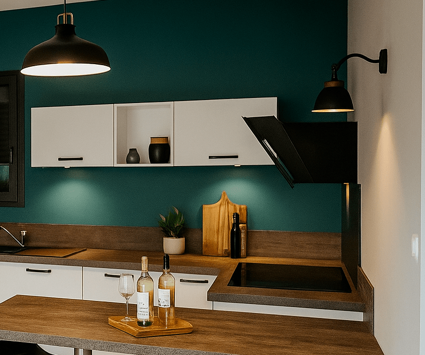 Coin repas convivial dans une cuisine sur mesure à Saint-Sébastien-sur-Loire avec retour intégré et mobilier Armony Cucine.
