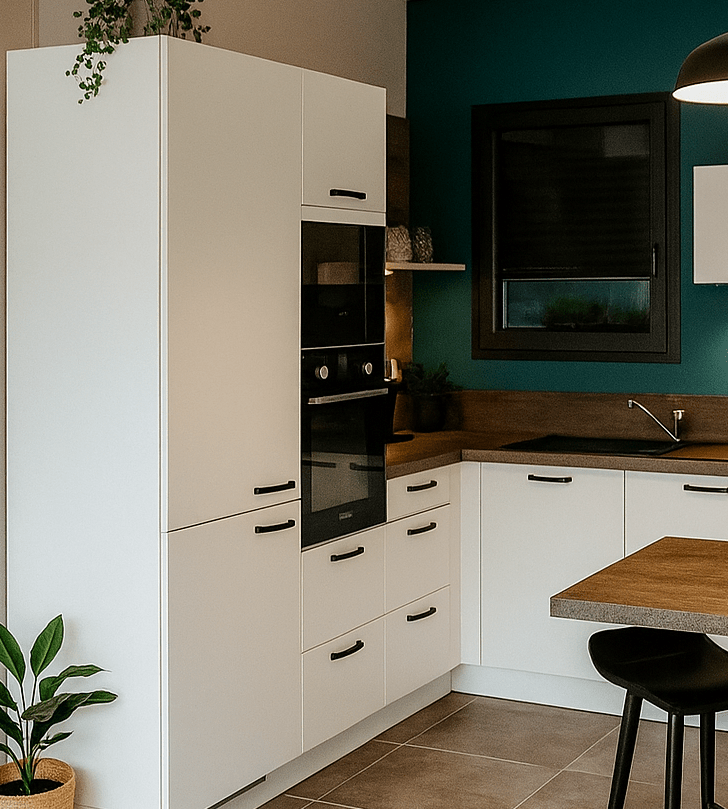 Espace cuisson design à Saint-Sébastien-sur-Loire avec plaque à induction encastrée et hotte noire élégante sur plan béton.
