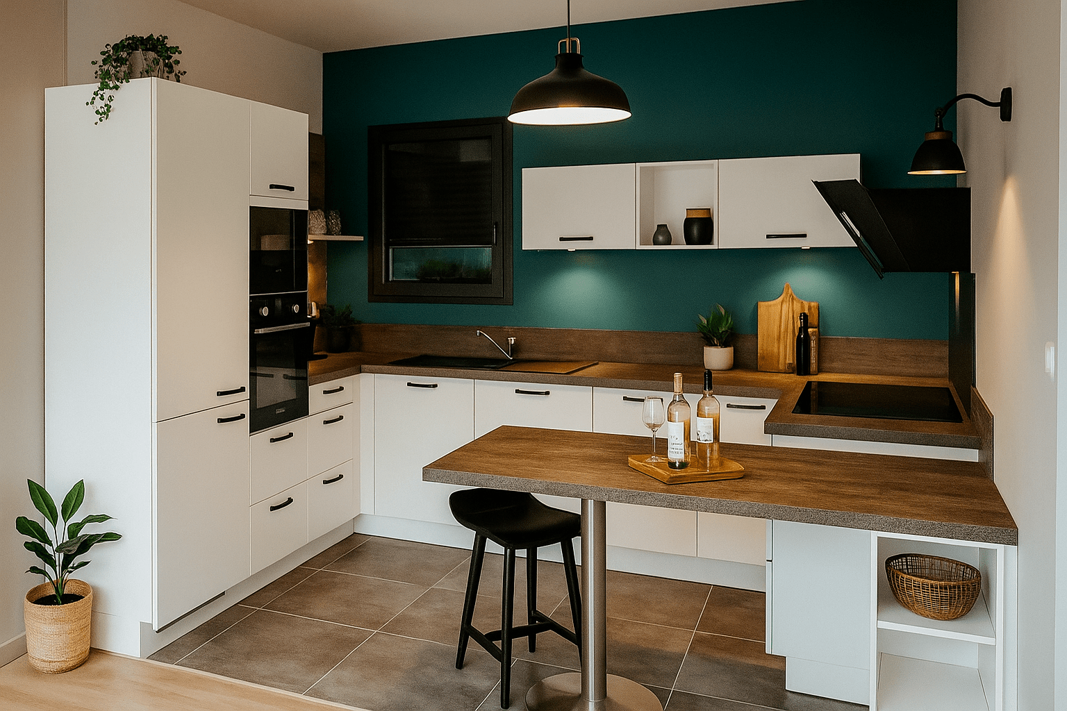 Cuisine sur mesure Armony Cucine installée à Saint-Sébastien-sur-Loire avec façades blanc mat et plan de travail finition béton anthracite.