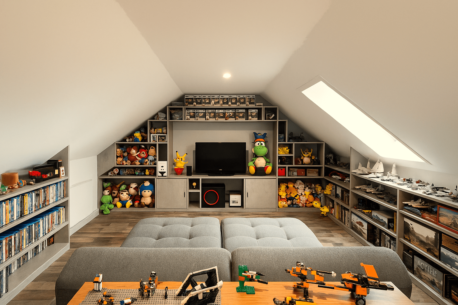 Aménagement sur mesure d’un salon-salle de jeux mansardé à Notre-Dame-des-Landes près de Nantes avec rangements intégrés, façades grises et espace TV central, réalisé par Cuisines de l’Erdre.