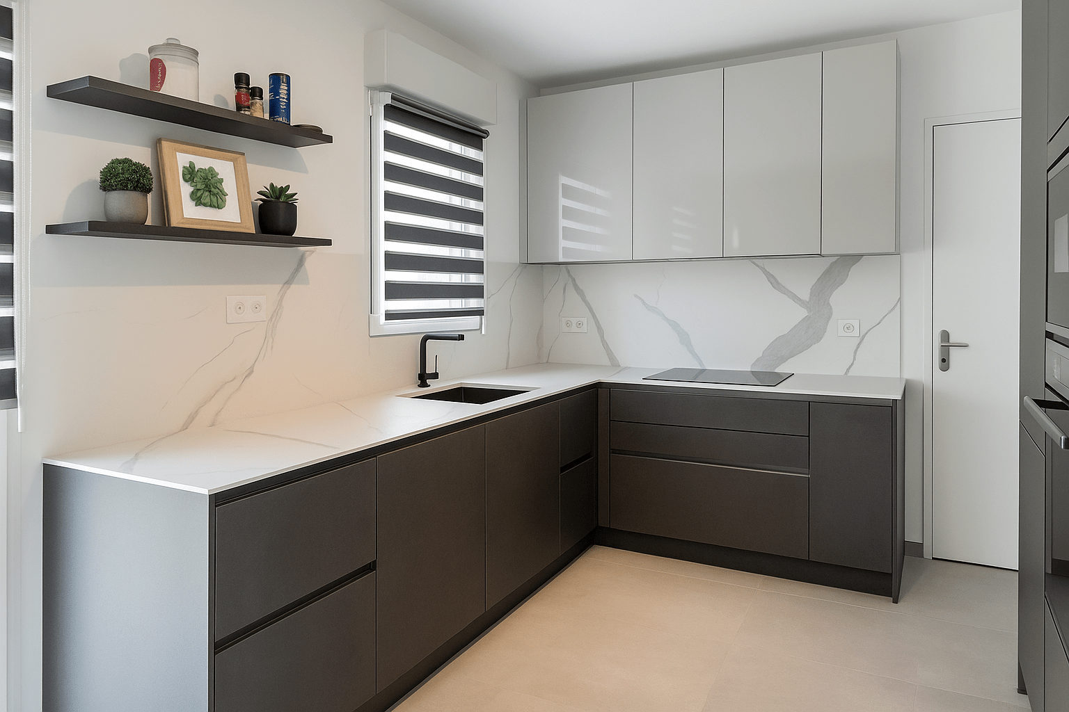 Cuisine italienne sur mesure ARMONY CUCINE à Ligné en Loire-Atlantique, avec finition laquée mate anthracite et plan de travail en céramique Calacatta.