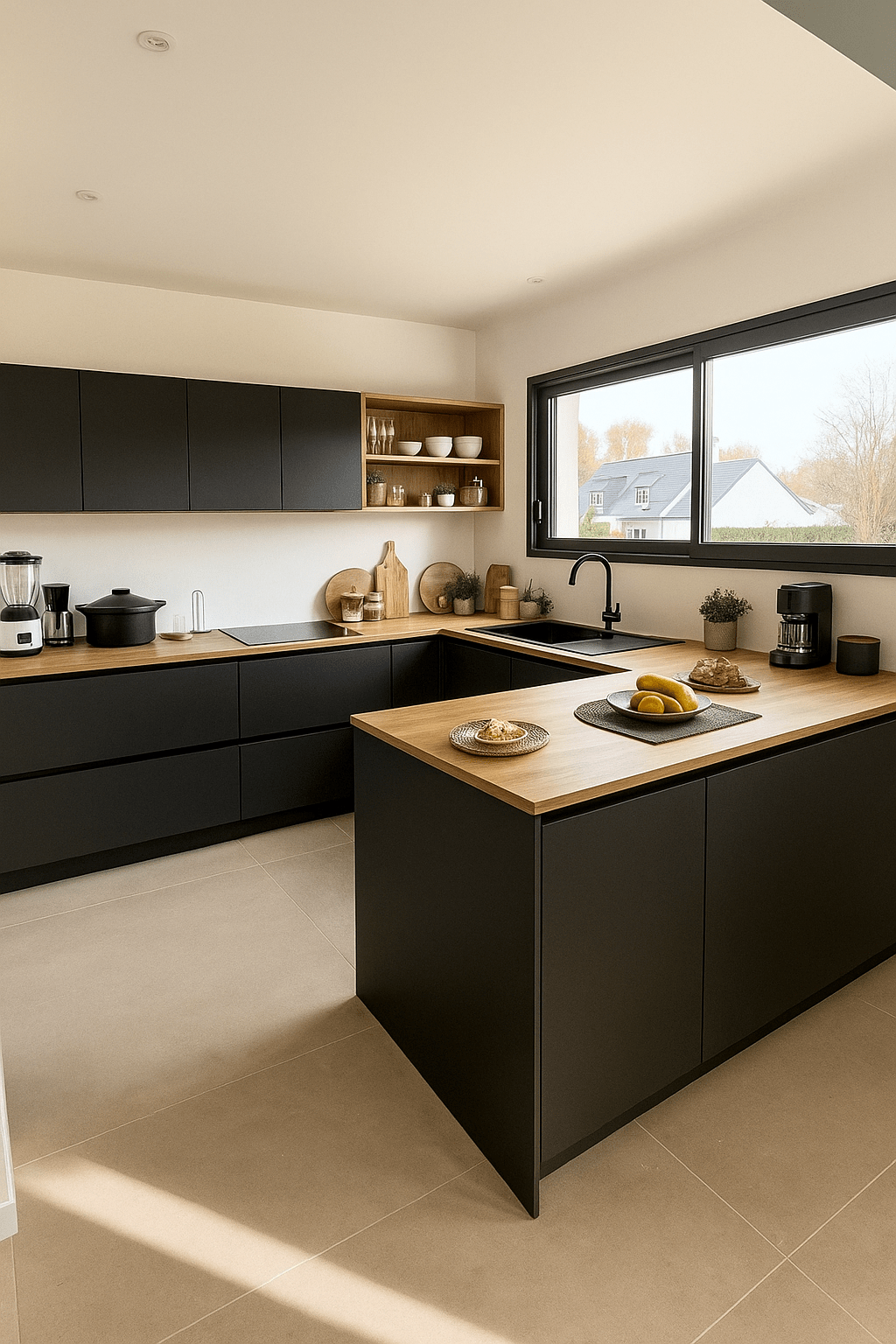 Cuisine haut de gamme ARMONY CUCINE installée à Sucé-sur-Erdre avec façades laquées noir mat et plan de travail bois