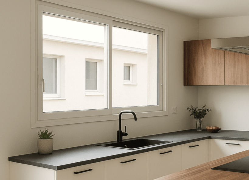 Cuisine haut de gamme ARMONY CUCINE italienne installée à Héric, près de Nantes, avec îlot central contemporain, façades blanches laquées et plan en finition bois noyer.