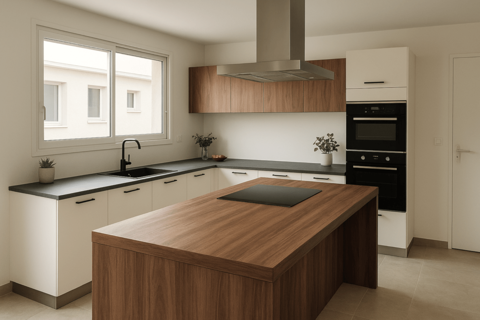 Cuisine haut de gamme ARMONY CUCINE installée à Héric, près de Nantes, par Cuisines de l’Erdre, avec façades blanches et plan en bois noyer