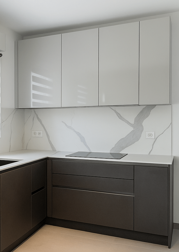 Plan de travail en céramique Laminam Calacatta Michelangelo dans une cuisine ARMONY CUCINE à Ligné, posé par Anjou Marbre.