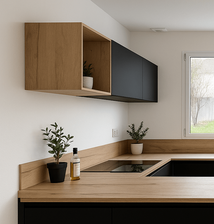 Cuisine haut de gamme ARMONY CUCINE noir mat et bois à Nort-sur-Erdre réalisée par Cuisines de l’Erdre