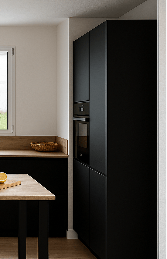 Cuisine sur mesure ARMONY CUCINE noir et bois en Loire-Atlantique par Cuisines de l’Erdre