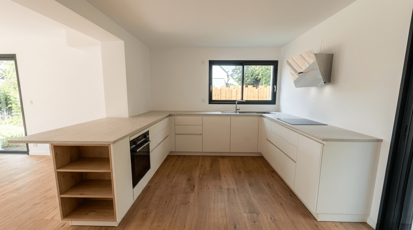 Cuisine aménagée contemporaine à Treillières avec colonnes de rangement et électroménager intégré ARMONY CUCINE