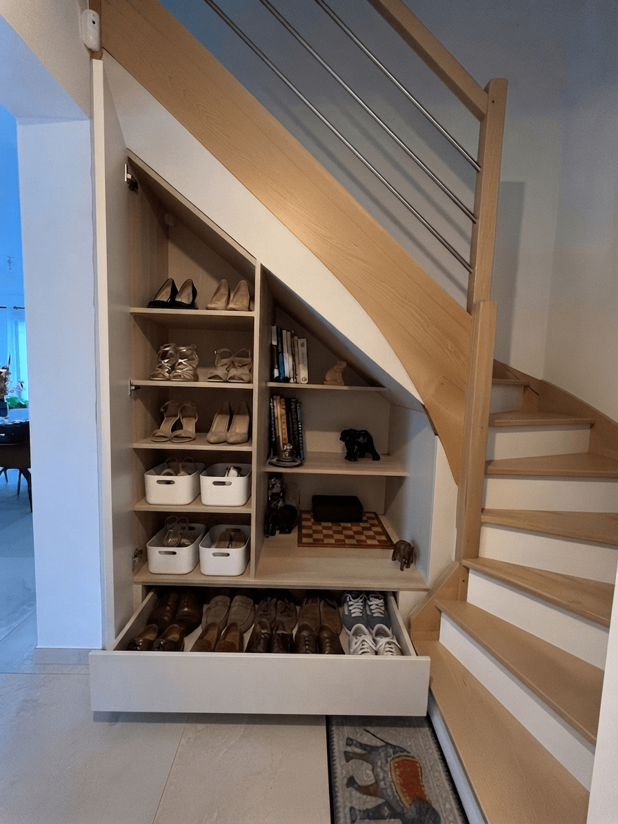 Mobilier sur mesure sous escalier avec niches ouvertes bois et façades beige sable à La Chapelle-sur-Erdre