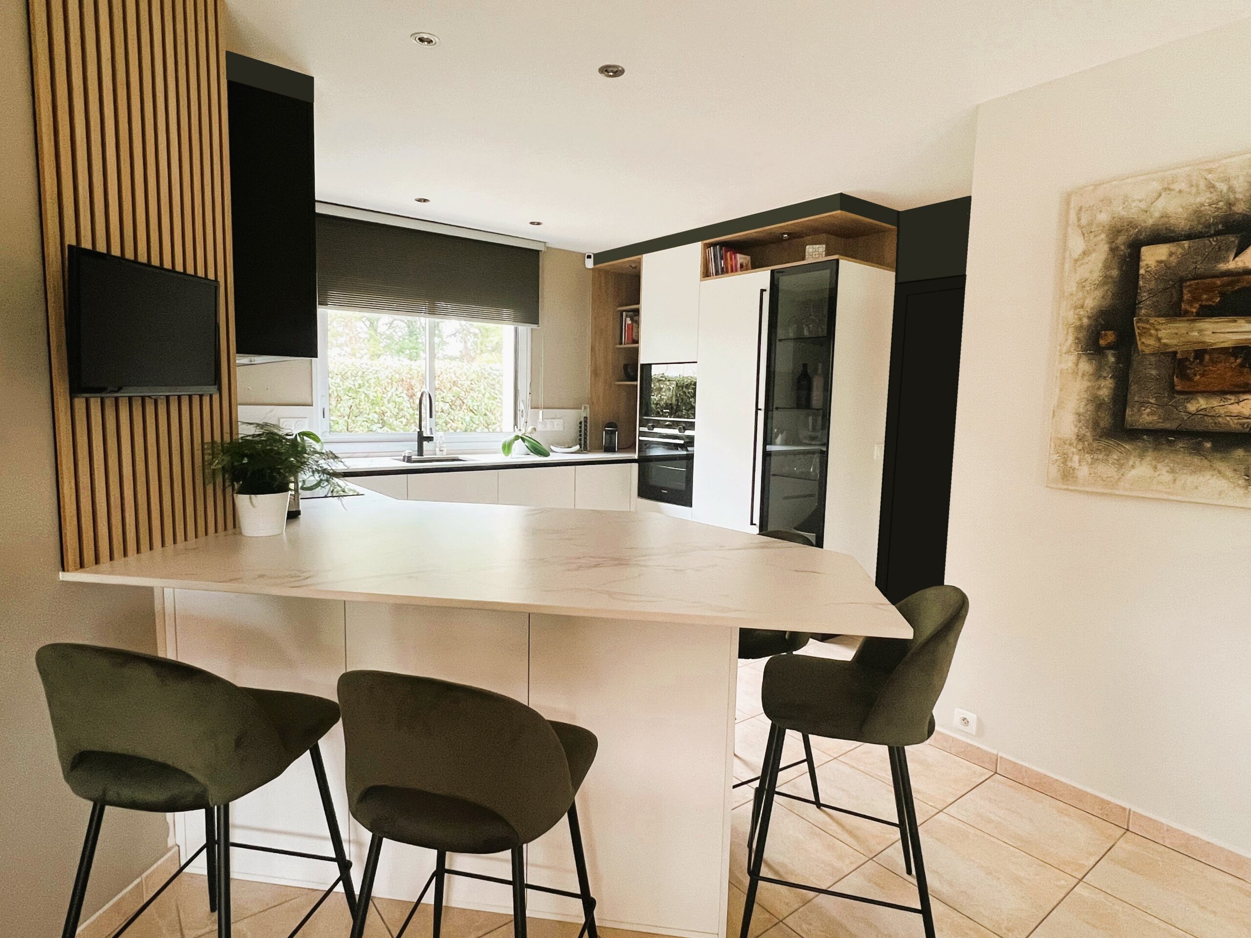 Cuisine ARMONY CUCINE sur mesure à Héric près de Nantes avec îlot central blanc, touches de bois et assises vert olive.